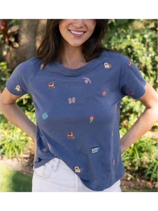 NATURAL LIFE Tops - NWT NATURAL LIFE Indigo Blue Fave Little Things Embroidered T-Shirt Sz L